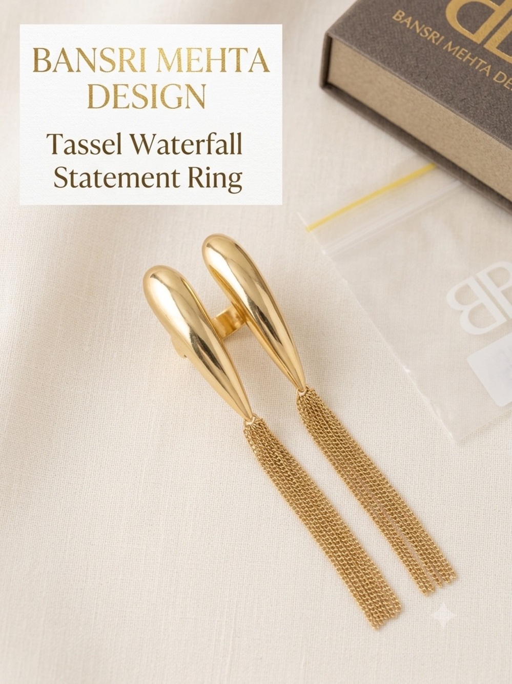 Bansri Mehta Gold Tassel Waterfall Statement Ring EUC - Picture 2 of 10